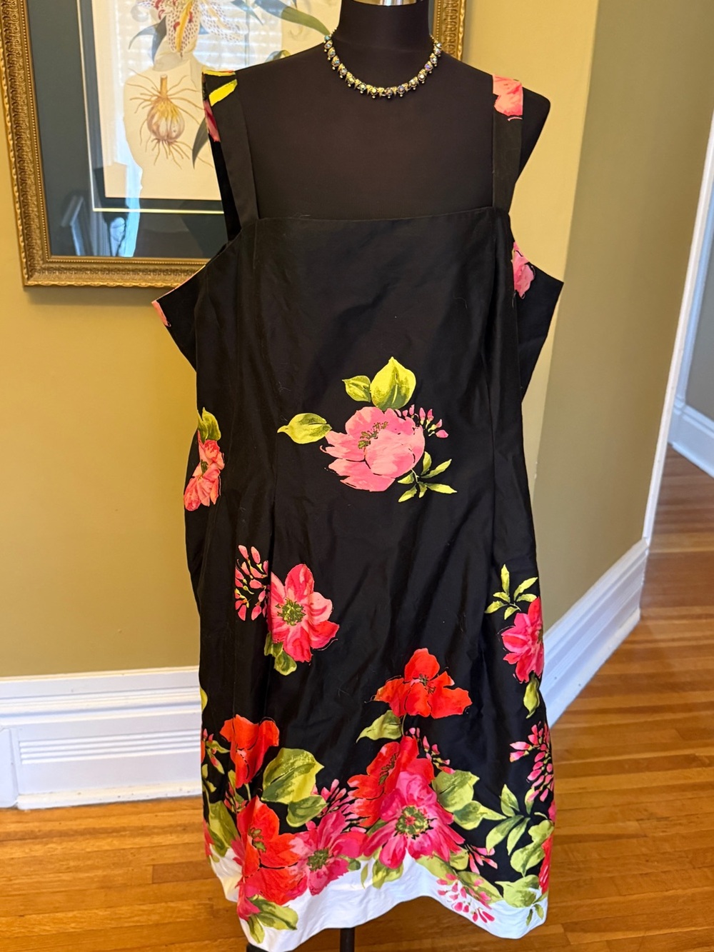 Black Floral Mini Dress with Pink & Green Blooms